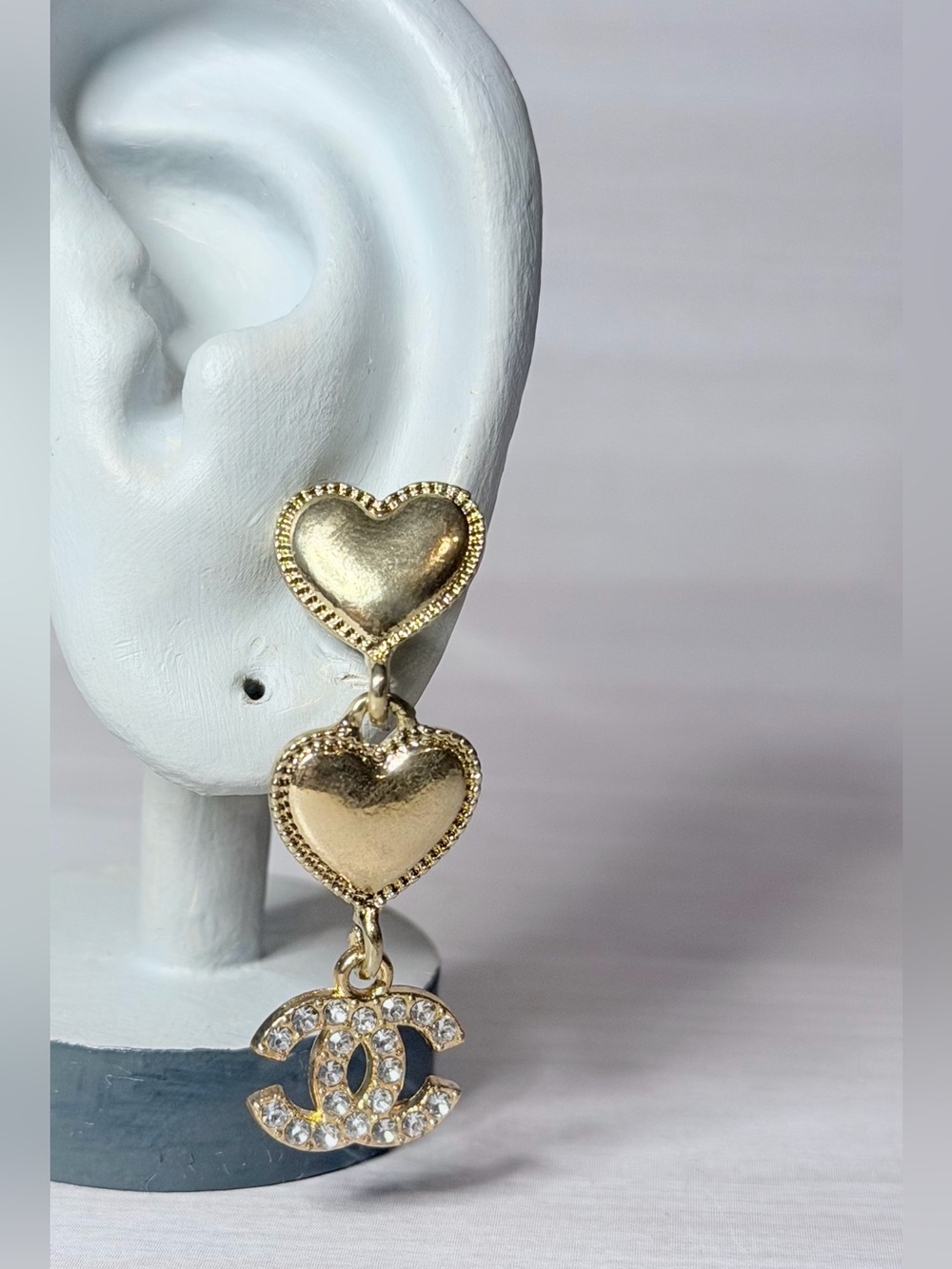 CC Gold Heart Drop Earrings with Crystal Logo Charm
